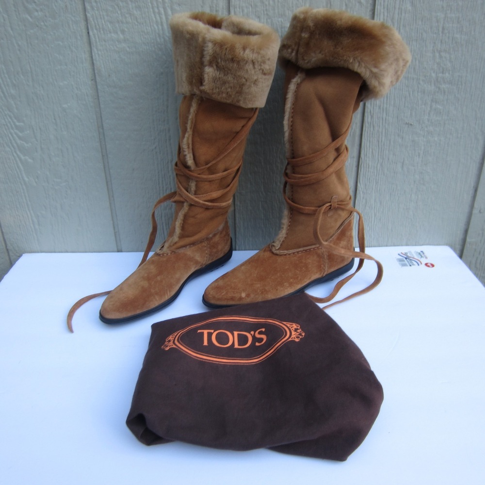 VTG TOD'S Boot Womens 6 Brown Suede Shearling Knee High Fur Laces Y2K Luxury Ita